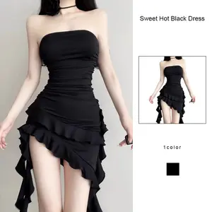 Gaun Hitam Seksi Manis untuk Wanita, Gaun Pendek Tanpa Tali dengan Potongan Pinggang Menonjol dan Pita