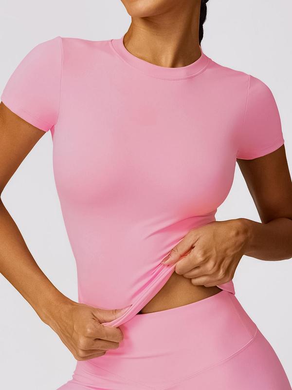 Women's Solid Round Neck Tee & Leggings Tracksuit Set, Sporty Comfy Breathable Sportswear Set for Gym Workout Running, Ladies Sportswear for All Seasons, Activewear 2
