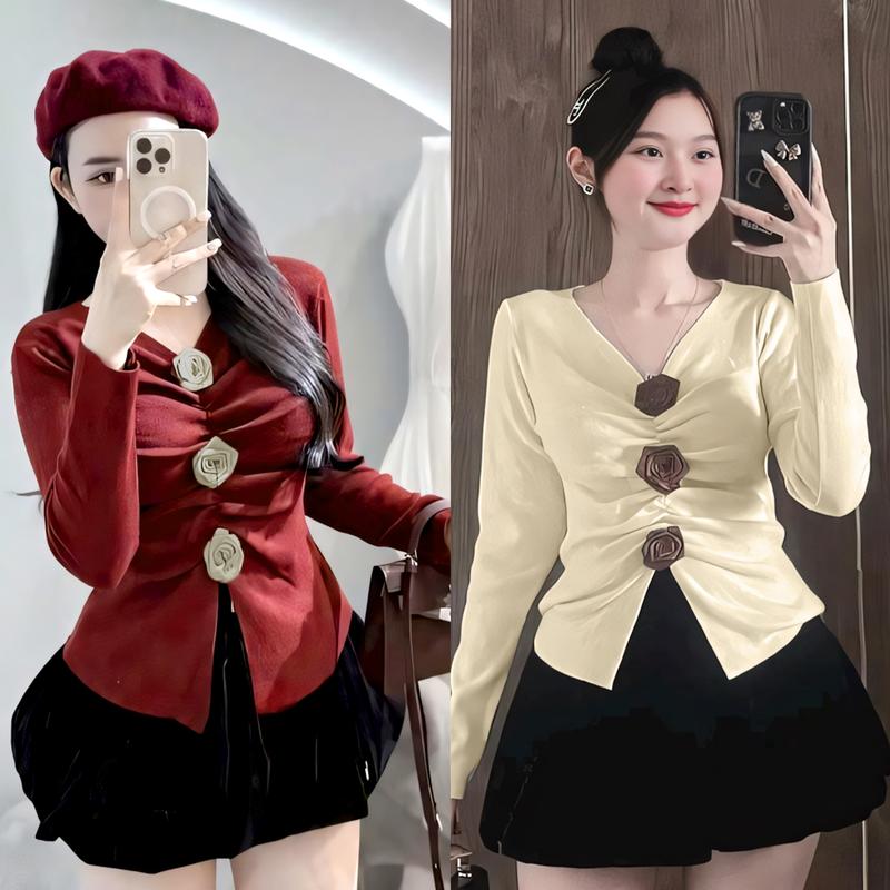 (45-90kg) Áo Thun Bigsize Tay Dài Nữ, Chất Thun Gân Tăm, Cổ Chữ V Cài 3 Hoa, 4 Màu Đỏ Đen Nude Nâu – Thoải Mái, Thanh Lịch