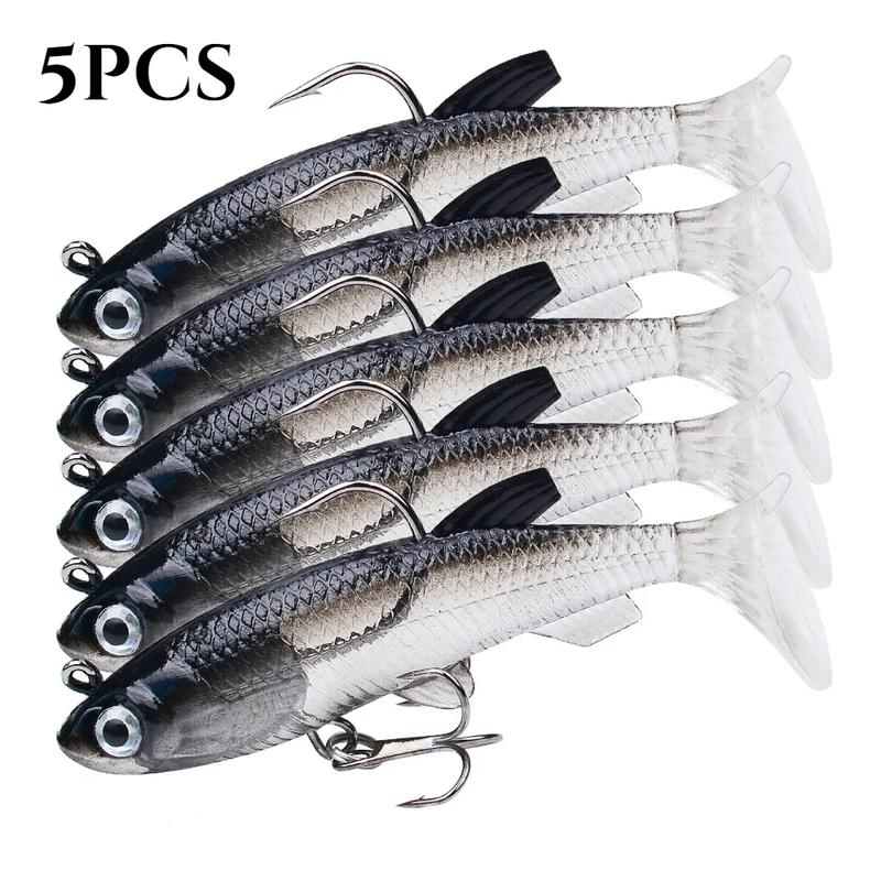 Bộ Mồi Mềm Silicon, Móc Jig 5 Cái, Wobbler Câu Cá, 8Cm, 13G, Mồi Cao Su Nhân Tạo, Thích Hợp Cho Cá Vược Và Dụng Cụ Mồi Cá Vược, Mồi Câu Cá