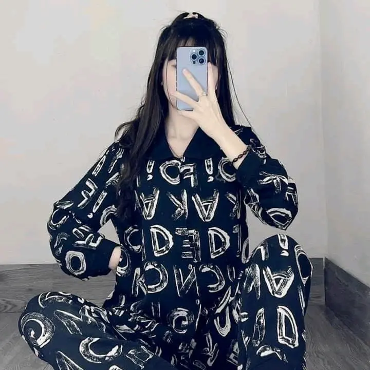 Đồ bộ cổ sen dài tay chữ đen chất kate lụa Áo Nữ Áo Nữ 0