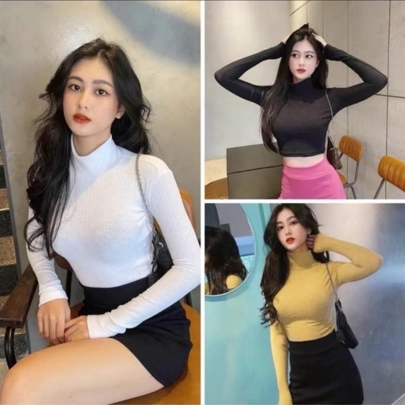 Áo giữ nhiệt nữ croptop nữ len tăm cổ lọ hàn quốc dài tay thun lạnh giữ nhiệt Nhung Women hh90