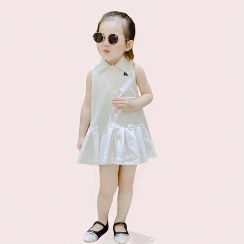 Váy bé gái, váy trắng cổ polo sát nách đuôi cá cá xếp ly thêu ngựa cho bé 1-8 Tuổi