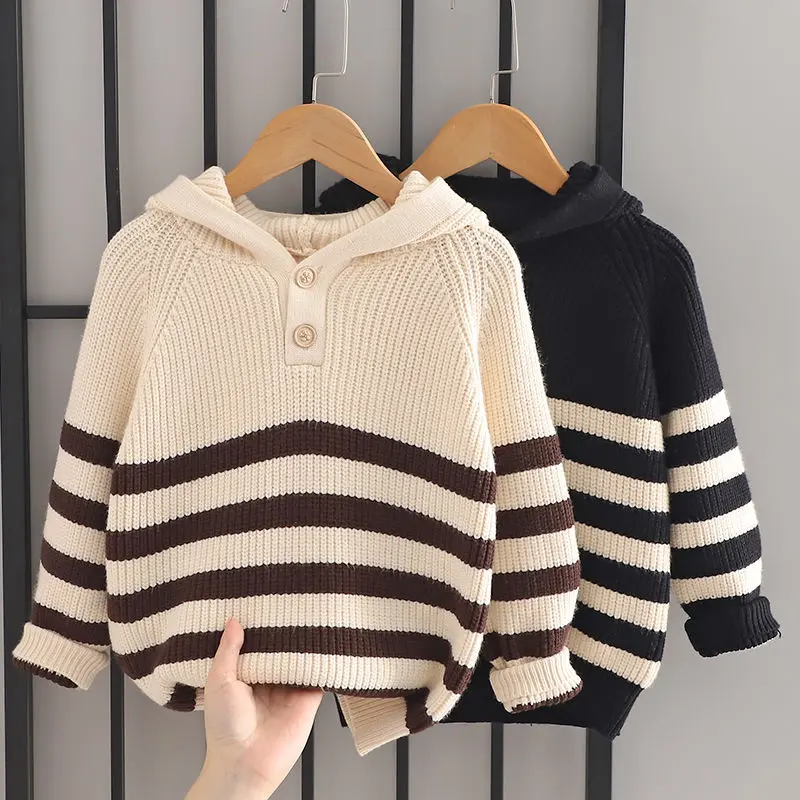 Áo len mới, sọc, cho bé trai và bé gái, thích hợp cho mùa thu và mùa đông, áo hoodie trẻ em, đồ dệt kim, quần áo trẻ em, áo khoác len, 2024 0