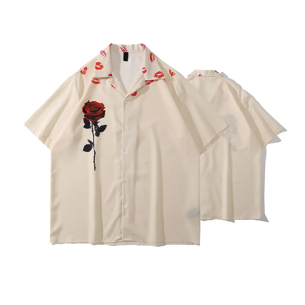 Dark Icon Kemeja Polo Cetak Bibir Bunga Mawar Pria Musim Panas Blus Pria Jalan Vintage Bahan Tipis Kemeja Hawiian Casual Polos Baju Katun Panjang Kerah