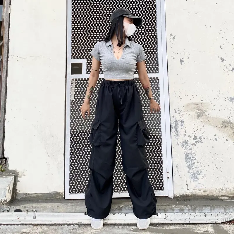 AIGO - celana cargo parasut panjang streetwear unisex Santai Karet Serut Wanita Kulot Jogger 5