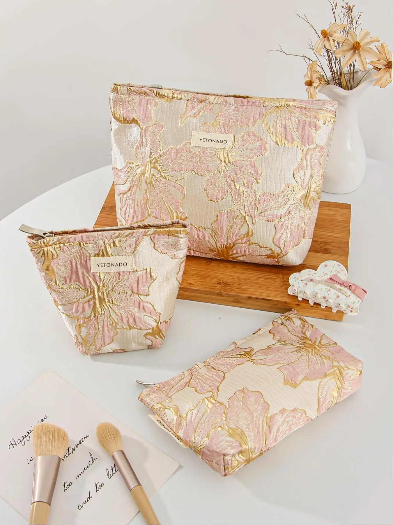 Floral Pattern Makeup Bag Set, 1 Set/ Including Large Capacity Cosmetic Storage Bag & Makeup Brush Bag & Makeup Mirror Bag, Portable Travel Bag