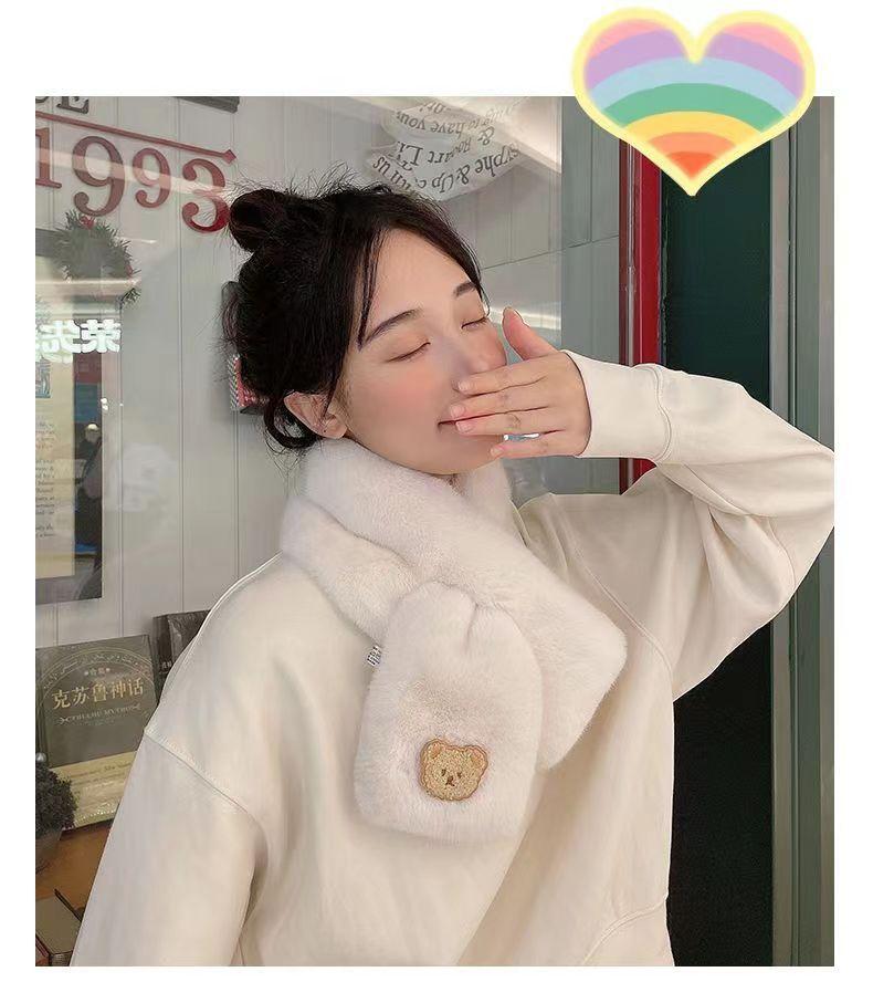 Product Introduction of Imitate Rex Rabbit Fur Scarf Female Autumn and Winter Korean Cute Bear Plush Student All-Matching Thick Warm Cross Scarf 10