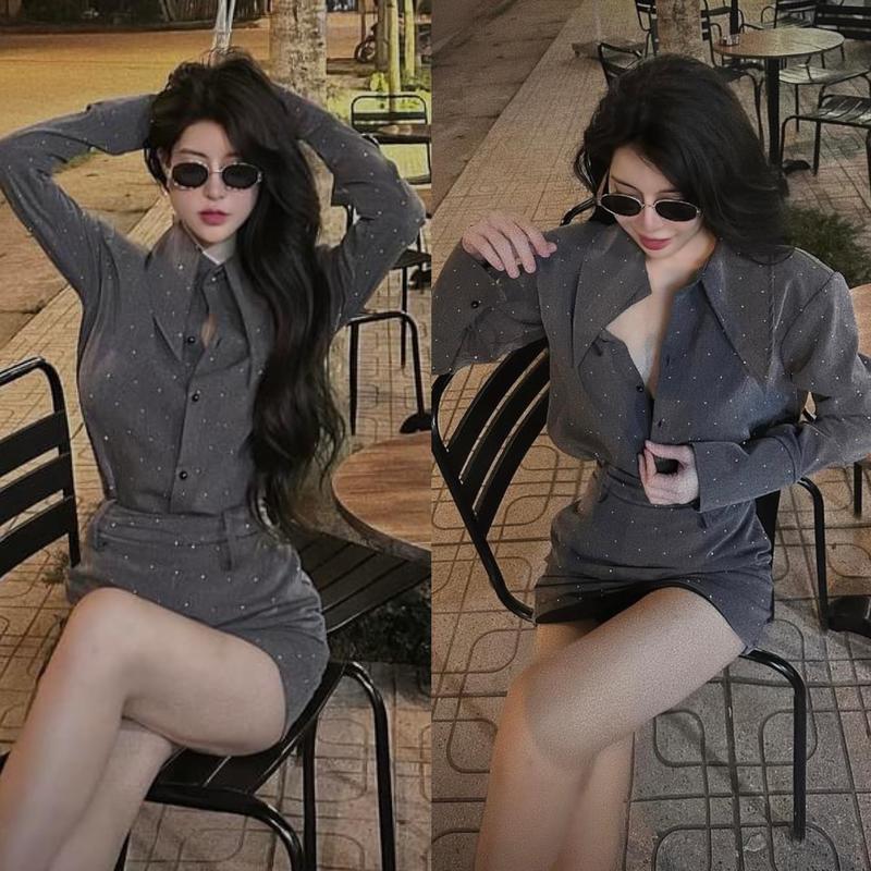 Set áo đá chân váy đá cá tính T39 Nữ Women Top Voi Chấm Bi Kem Xanh