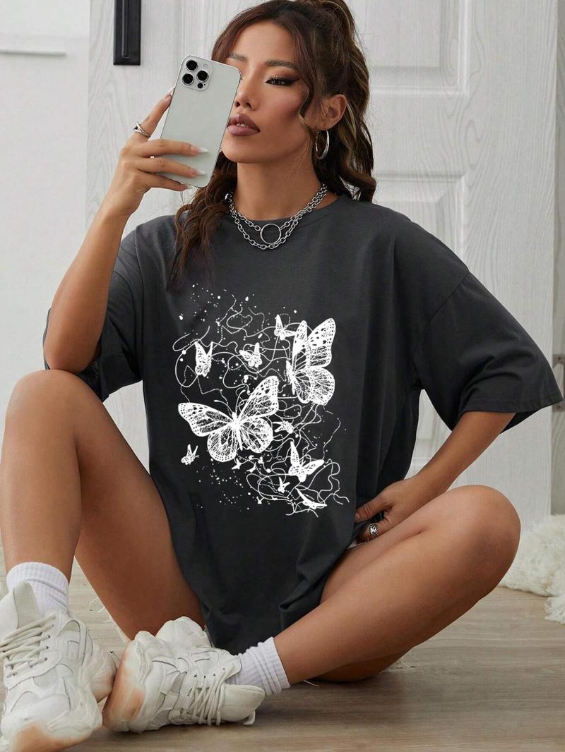 Product Introduction of Women's Butterfly Print Round Neck Tee, Y2K Streetwear Summer Clothes, Vintage Trendy Casual Graphic Drop Shoulder Half Sleeve T-Shirt for Summer Daily Wear 7