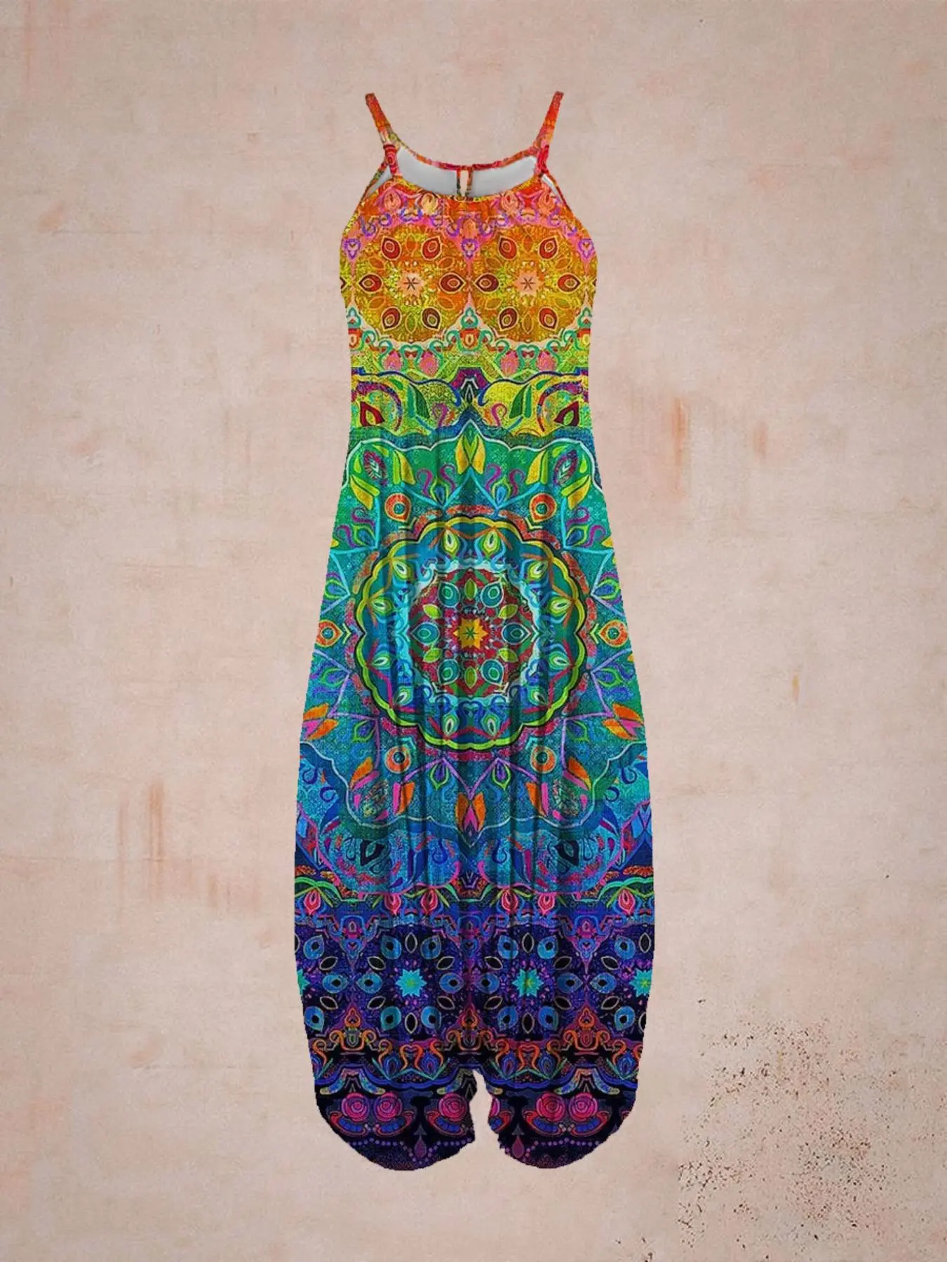 Women's Ombre Ethnic Pattern Cami Harem Jumpsuit, Boho Style Sleeveless Spaghetti Strap Jumpsuit for Summer, Women's Clothes for Vacation Holiday Beach