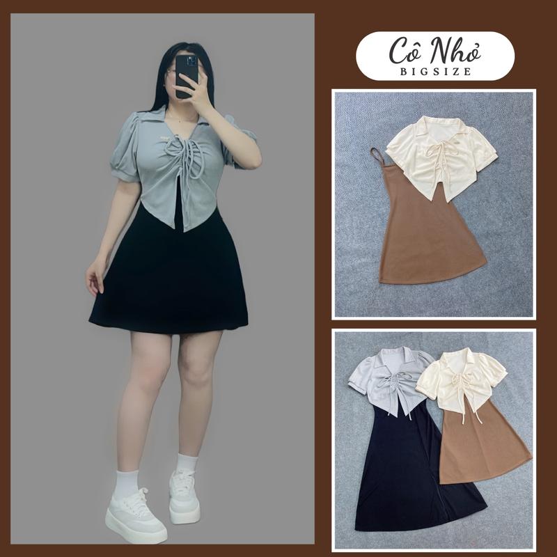 Set 2 món bigsize nữ váy 2 dây dáng chữ A kèm khoác ngoài cổ bẻ tay phồng có dây rút chất ruby co giãn - G684+G685