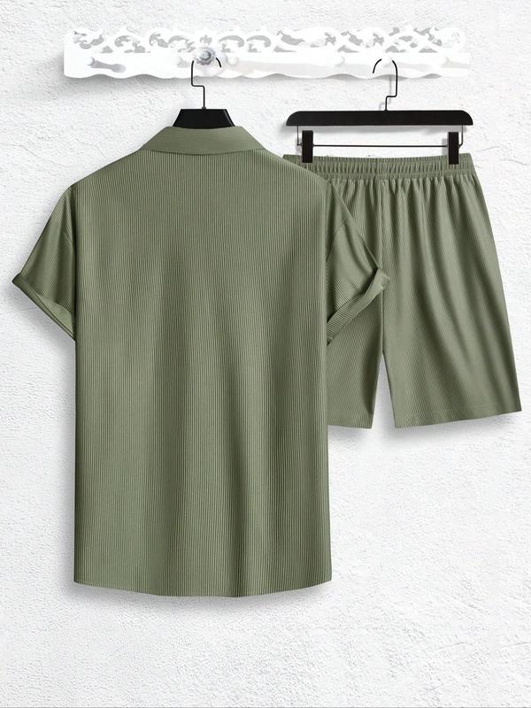 Men's Solid Short Sleeve Polo Shirt & Shorts Jacquard Knits Set, Regular Fit Casual Comfy Button Front Top & Shorts for Summer, Men's Clothes for Beach Vacation 7