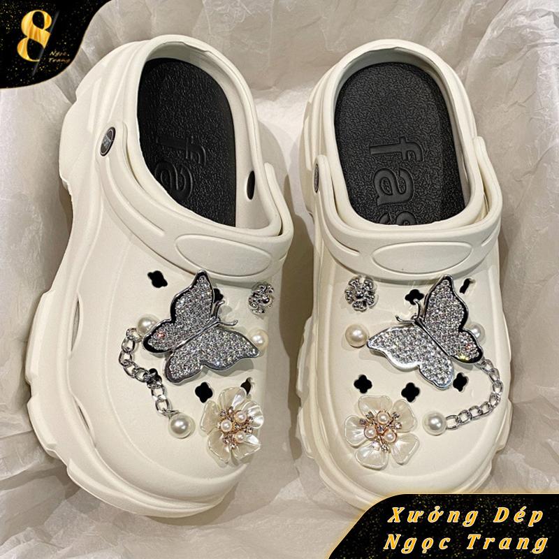 Dép Sục Cros MLS Đế Cong Độn cao 6CM 2 màu Đen Trắng kèm bộ sticker gấu ngọc Nữ DéP dép babydoll cross dép mây DéP Sandal