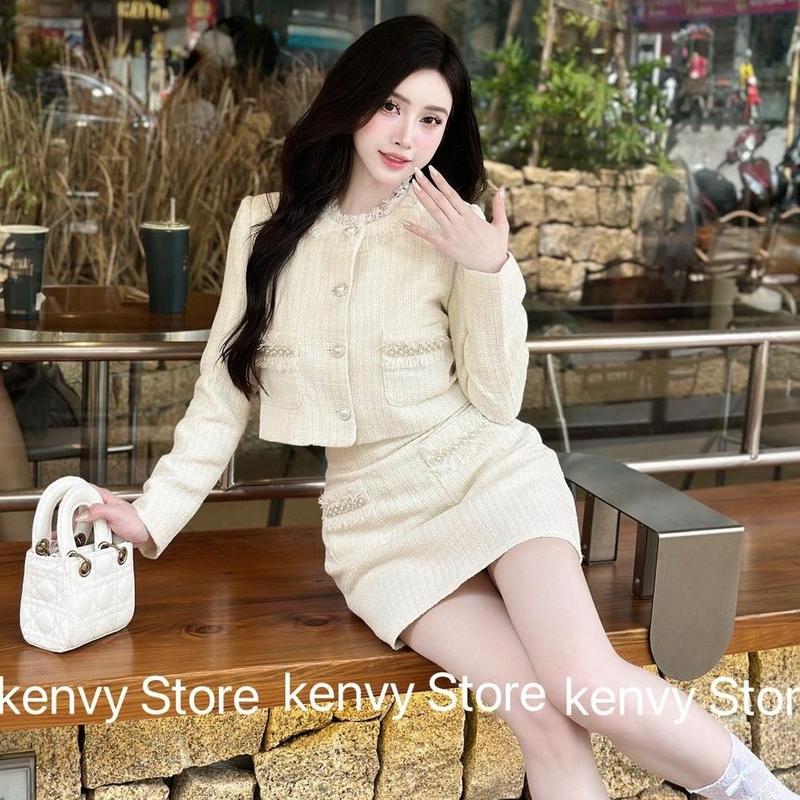 Set dạ cao cấp viền ngọc tua rua 2 túi khuy ngọc tiểu thư N168 Nữ Áo Women Top Nhung Sen Voi