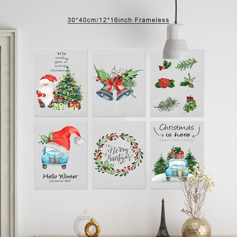 Product Introduction of Christmas Themed Frameless Painting, 6 Counts/set Cartoon Christmas Pattern Wall Art Poster, Wall Art Decor for Home Living Room Bedroom Office 3