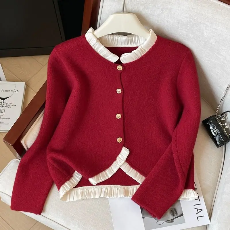 Áo Cardigan Dệt Kim, Phong Cách Sang Trọng Kiểu Pháp, Dành Cho Nữ, Mùa Thu Và Mùa Đông, Hàng Mới Về Năm Sinh Màu Đỏ, Cổ Áo Xếp Nhún Áo Len, Áo Ngắn, Hợp Xu hướng, 2025 Women Top