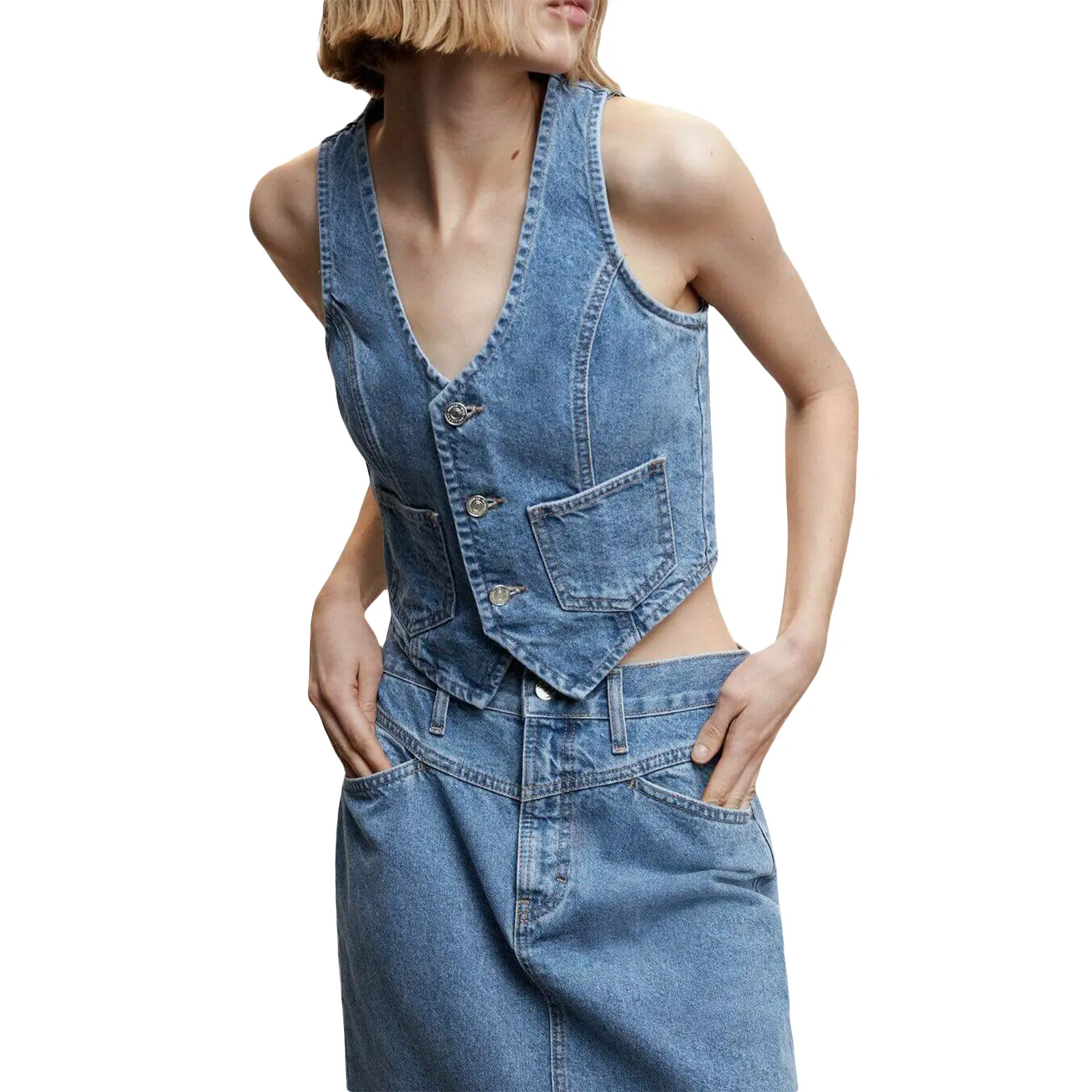 Women Denim Vest, Sleeveless V Neck Button Vest Outwear Gilet with Pockets for Casual Street Womenswear Check
