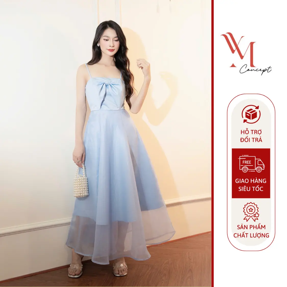 Đầm 2 Dây Xòe Nơ Ngực Dáng Dài Phong Cách Sang Trọng Nữ Tính - Màu Xanh Da Trời - Size S/M/L - YM Concept D0997 - Women, Dress