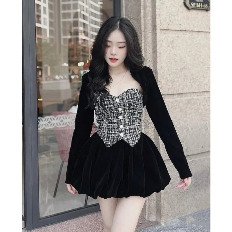 Set 3 món áo quây dạ kèm mút ᵰgực + khoác nhung+ quần nhung bí cá tính quyến rũ Women Nữ Kem Top 3