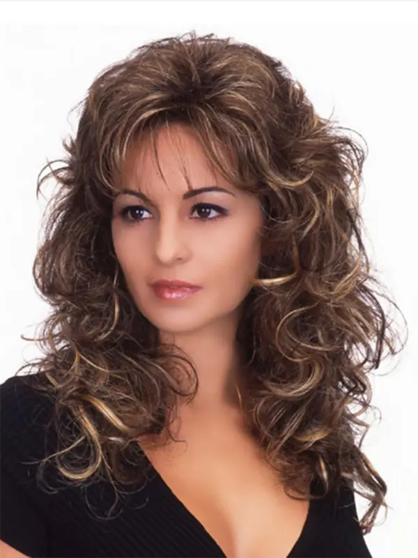 18 Inch Mixed Color Long Wavy Wigs For Women, Gorgeous Fluffy Wigs With Bangs, Synthetic Full Machine Wigs For Parties, Daily Use 0