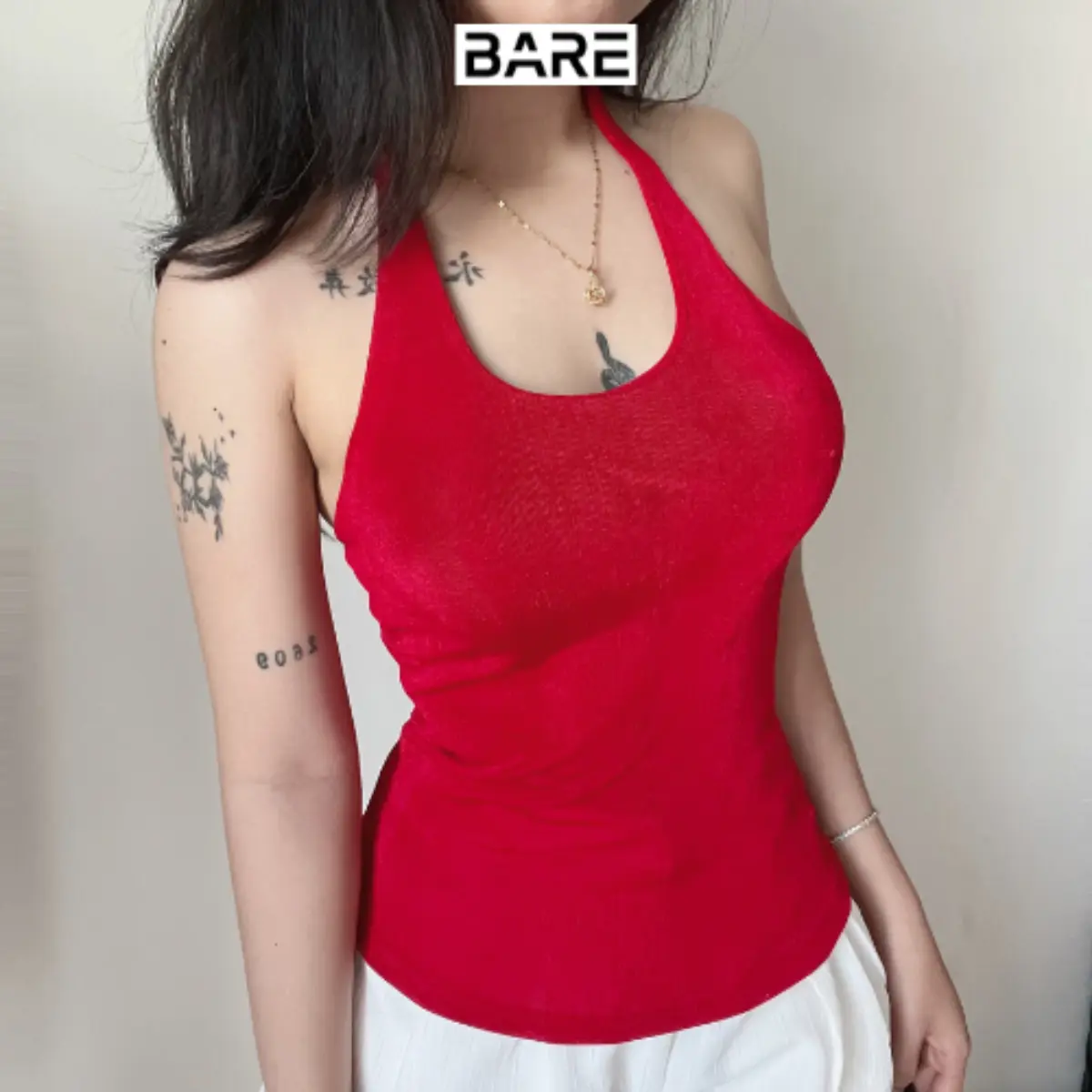 BARE.Y2K_Áo Cổ Yếm Cột Dây Có Lớp Lót Chất Dệt Nhũ Ánh Kim_A292 Nữ Women Top Thun Voi Cotton Jean Cổ Tròn Voan