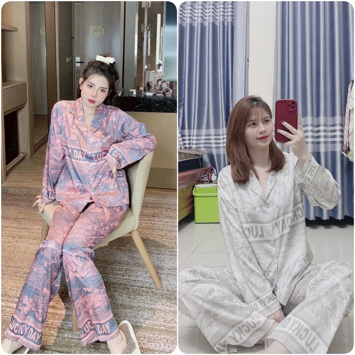 Bộ Hoạ Tiết Chữ LUDAY  HỒNG, GHI SÁnG, TÍM chất liệu lụa xước ánh kim, nút đính đá tay ngắn, tay dài, phom 40 đến 60kg, quần đăn đáy có túi Nữ Women Quần Ngủ Áo Ngủ Dài Tay Tim