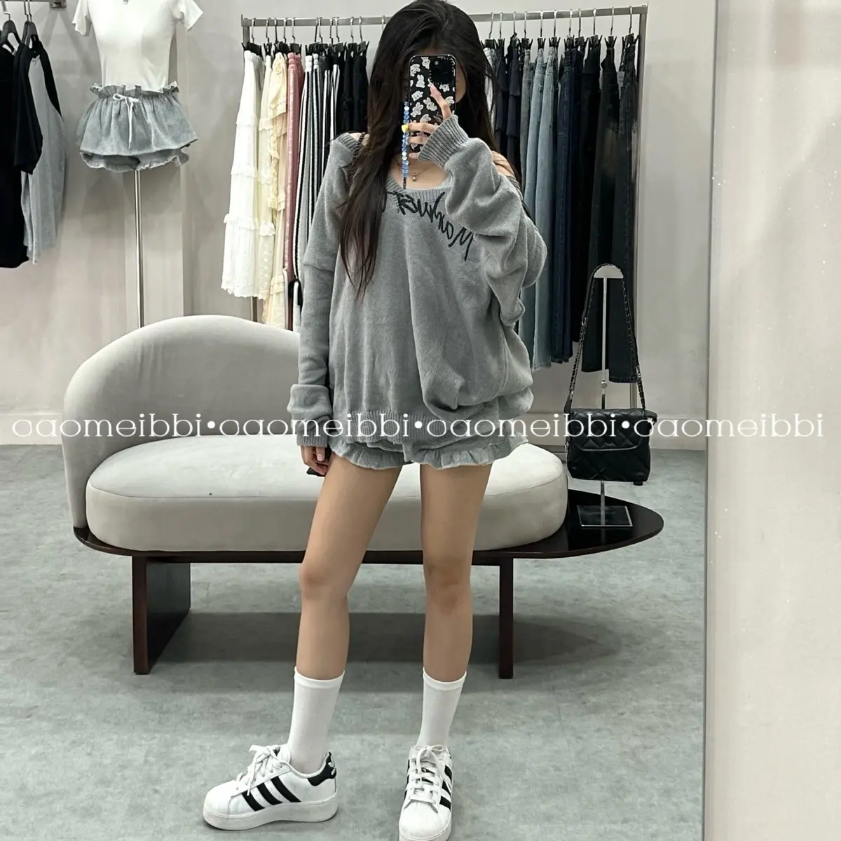 Set Áo Len Tay Dài Dáng Rộng Đen / Xám - CAOMEIBBI.