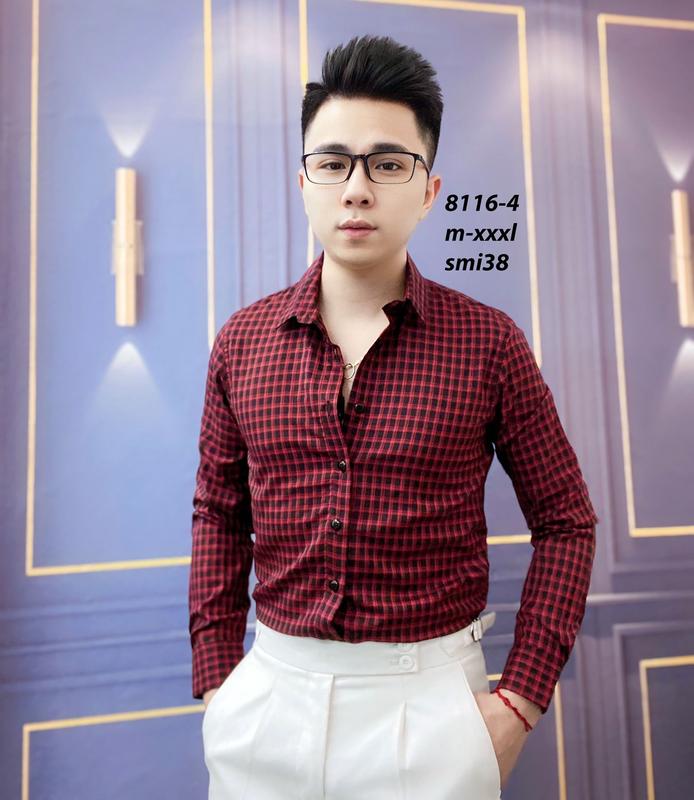 Áo sơ mi nam kẻ vuông nhỏ 8116 Menswear  Cổ Tròn 1