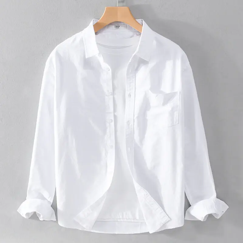 Men's casual shirt long sleeve shirt men's loose casual shirt male shirt Top Beige Plain