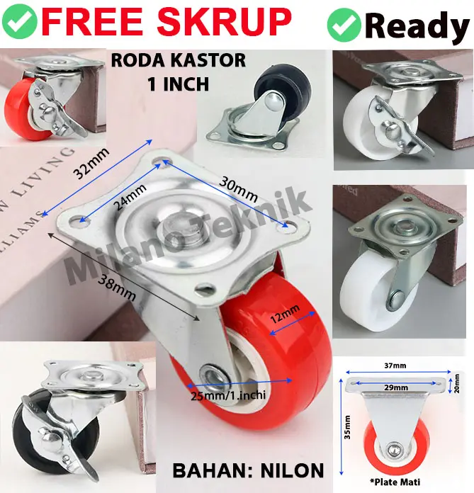 Roda PVC 1 inch (Mati-Hidup-Rem) KASTOR Taiwan Roda Troli Nylon Furniture Etalase/pcs 0