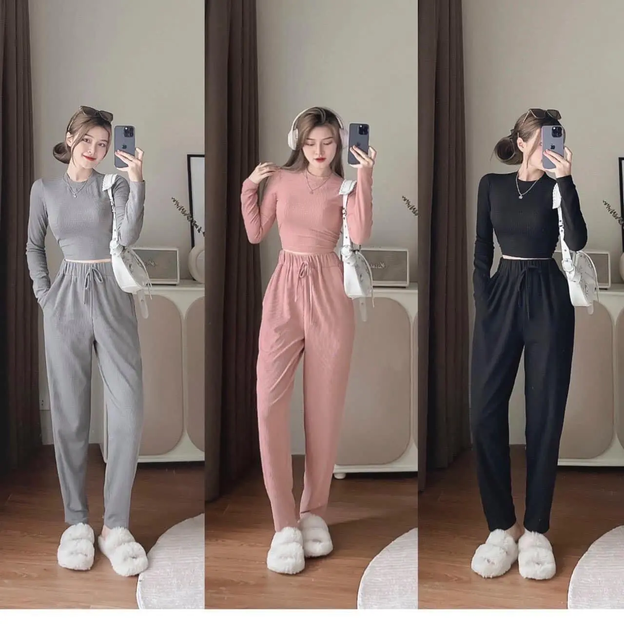 Sét bộ đồ nữ thun gân dài tay  thu đông 3 màu