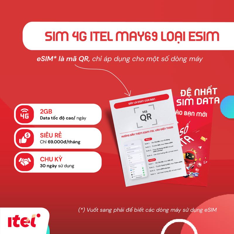 iTel - eSIM 4G - Gói MAY69 2GB/ngày - 60GB/tháng - Lưu ý eSIM là mã QR, không phải SIM vật lý
