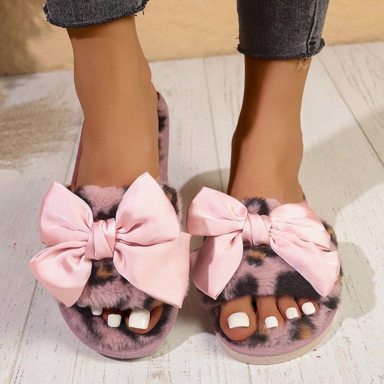 Product Introduction of Fluffy Leopard Bowknot Slippers Women's Autumn and Winter Flat Home Floor Slippers Open Toe Cotton Slippers Women's Flat-Heeled Slippers Rubber Suede 6