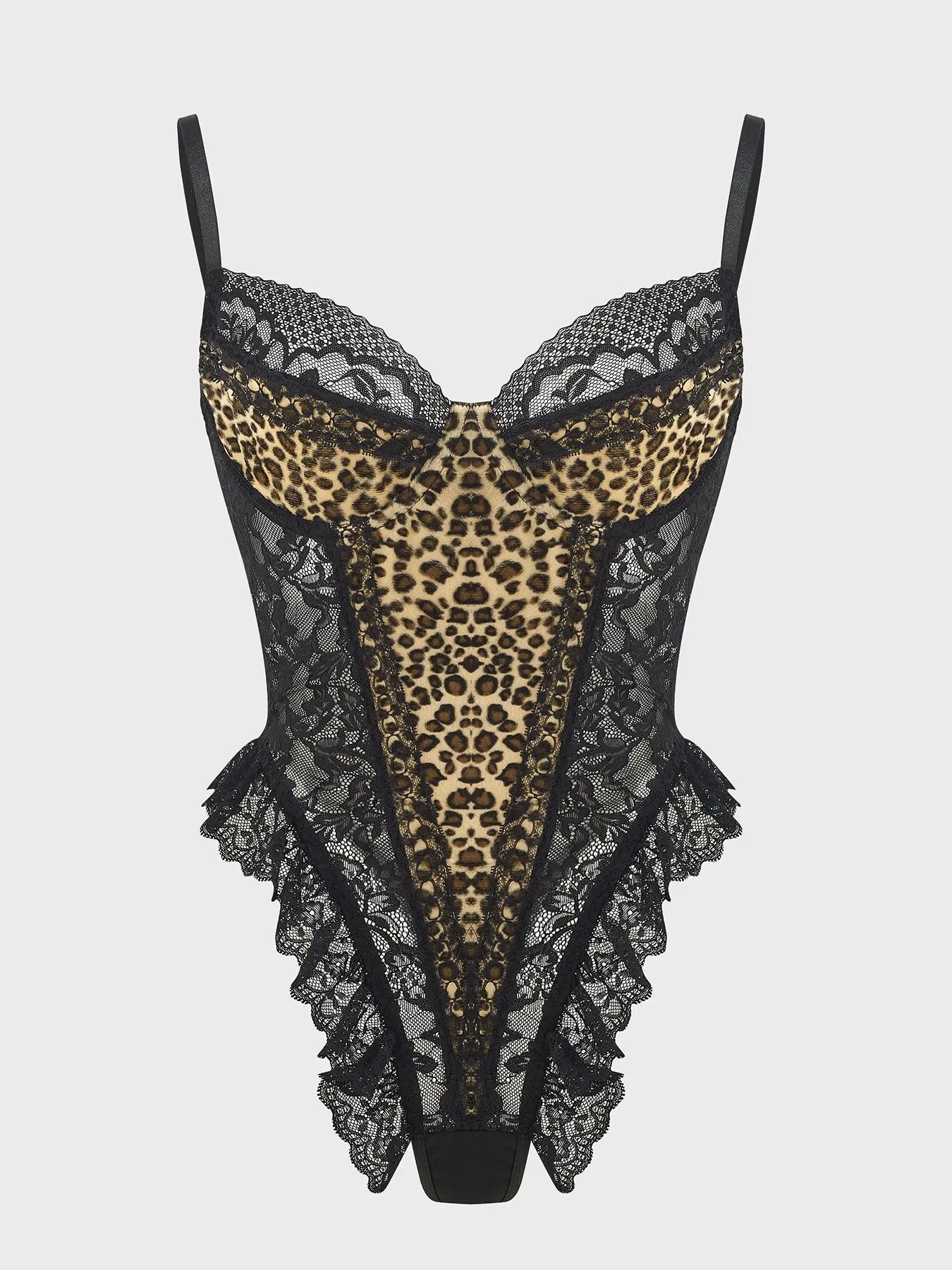 Women's Leopard Patchwork Lace Bodysuit, Sexy Fashion Spaghetti Strap Bodysuit for Daily Wear, Women's Clothes for All Seasons