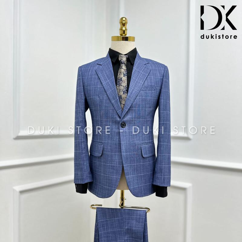 Bộ vest nam, Áo vest nam Menswear 1 cúc kẻ caro màu xanh dương cực sang trọng DKA0157 - DUKI STORE