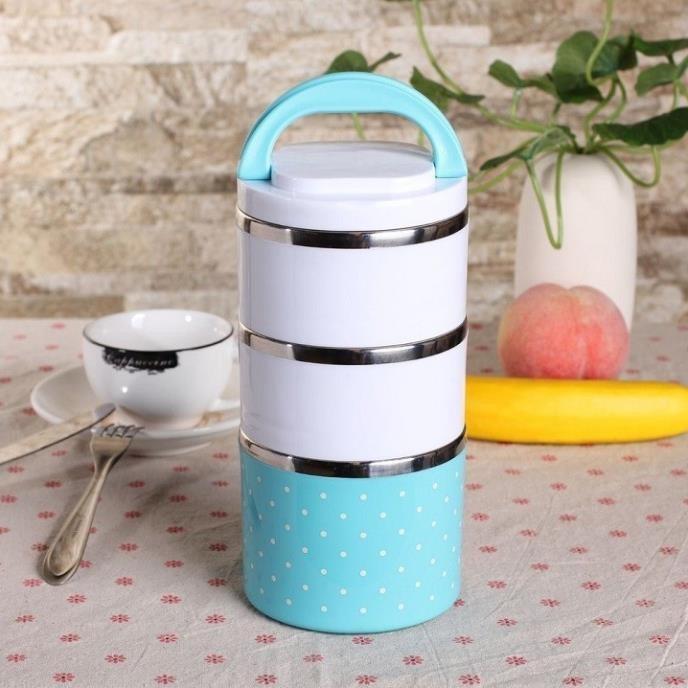 Camen Giữ Nhiệt Chấm Bi 3 Tầng - Cà Men Mang Cơm, Ủ Cháo, Đựng Canh - Chống Tràn, Có Quai Xách - Màu Ngẫu Nhiên