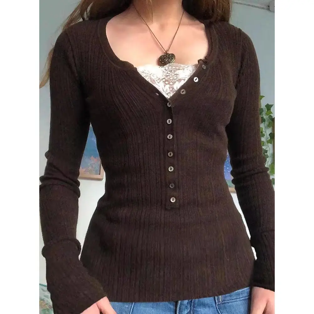 Women Long Sleeve Tops Autumn Vintage Casual Lace Patchwork 1/2 Button Pullover Shirt Club Streetwear
