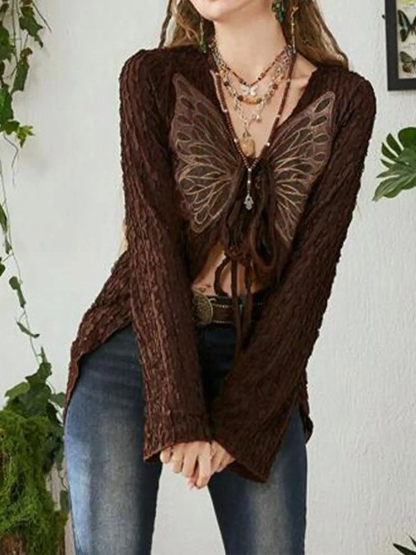 Women's Butterfly Print Tie Front V Neck Tee, Street Fashion Casual Long Sleeve T-shirt for Daily Holiday Vacation Outdoor Wear, Women Tops for Spring & Fall
