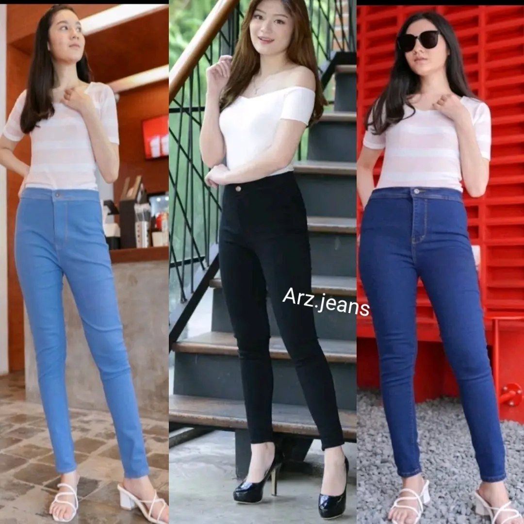 High Waist Jeans Pensil Wanita Street Slim Fiit Hitam Pekat Celana Denim Cewek Slim Panjang