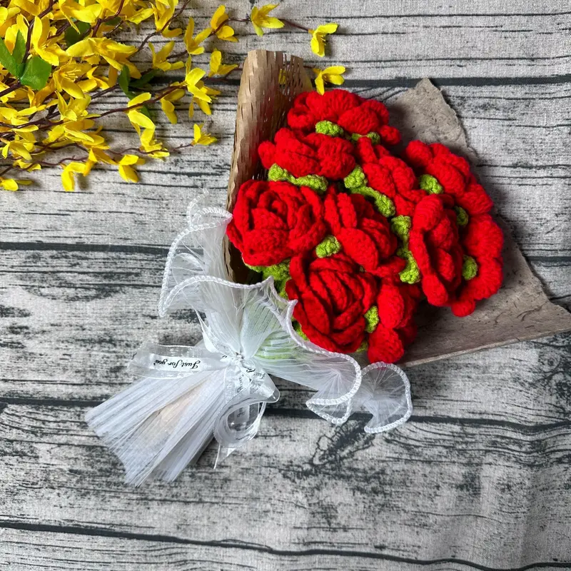 Crochet Rose Bouquet, 1 Count Artificial Flower Bouquet, Decorative Flower for Home Living Room Bedroom Dining Room Wedding Party, New Year Gift, Valentine's Day Gift 5