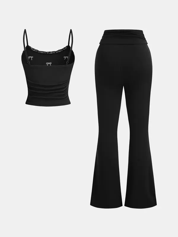 YOZY Women's Bow Print Contrast Lace Cami Top & Flare Leg Pants Two-piece Set, Y2k Casual Adjustable Strap Top & Bell Bottom Trousers for Daily Wear, Ladies Clothes for All Seasons, Womenswear 4