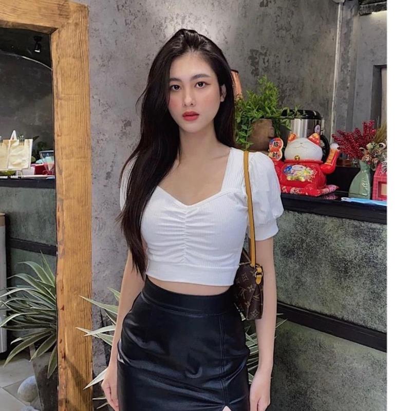 Áo croptop Tay Phồng ngắn cổ vuông chất vải thun gân mềm mịn, thoáng mát khi mặc Nữ Sơ Mi