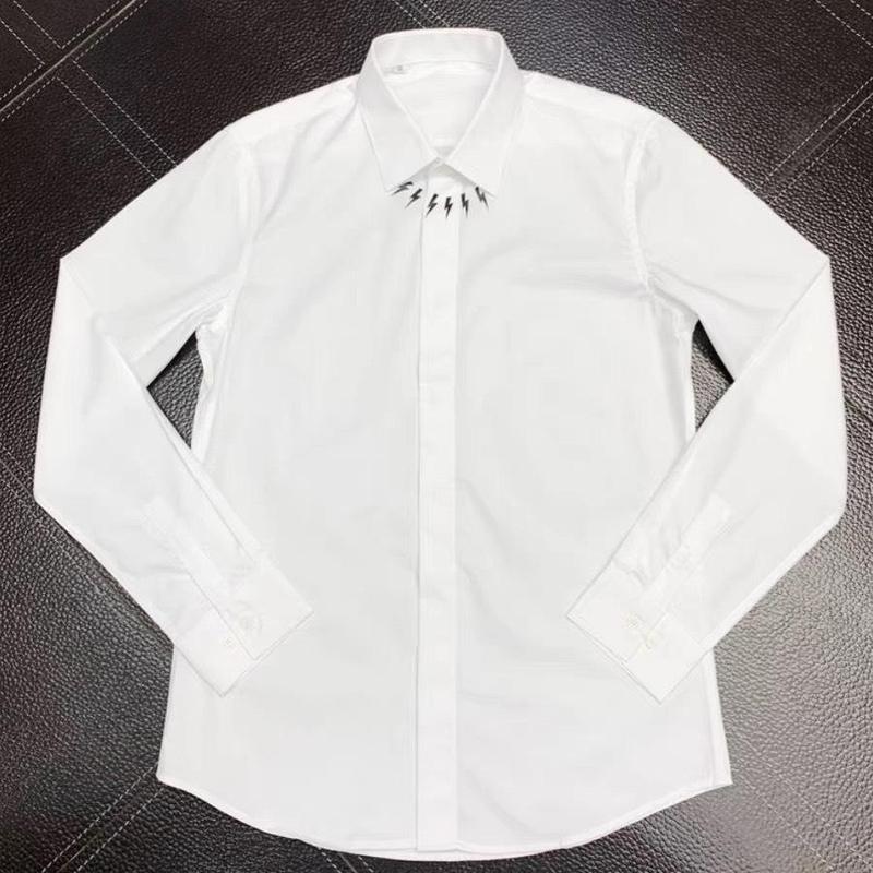 Áo Sơ Mi Đôi Vải Lụa Trắng Trơn Phối Tia sét Mini Vai Boy Phố. Menswear Nam Shirt Có Cổ áo sơ