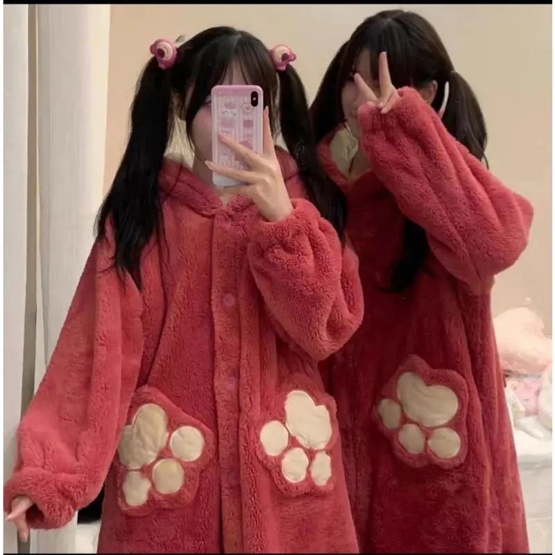 (FreeSize 40~65kg)Áo choàng ngủ Capybara dáng rộng vải lông cừu mềm mại có mũ trùm đầu(MHB00170BBVT) 7