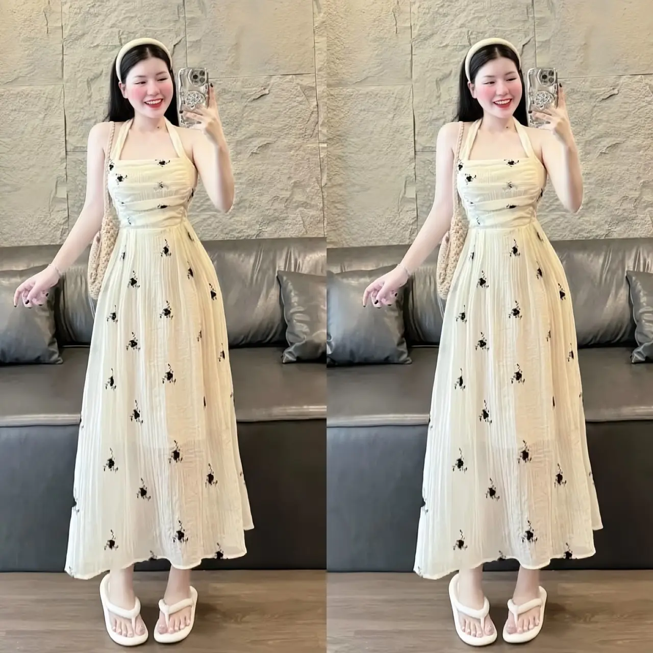 Đầm Váy Nữ Thiết Kế Cổ Yếm Nhún Eo Dáng Ngắn Điệu Đà Dành Cho Các Nàng Diện Đi Chơi Đi Tiệc. Women Dress Voi Nhung