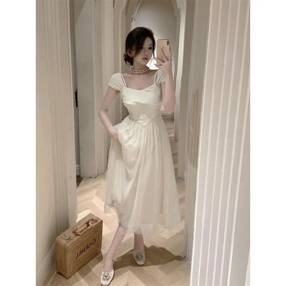 Dress Fashion French Style High Sense Solid Color Fishbone Tulle Dress  Summer New Summer Hepburn Style