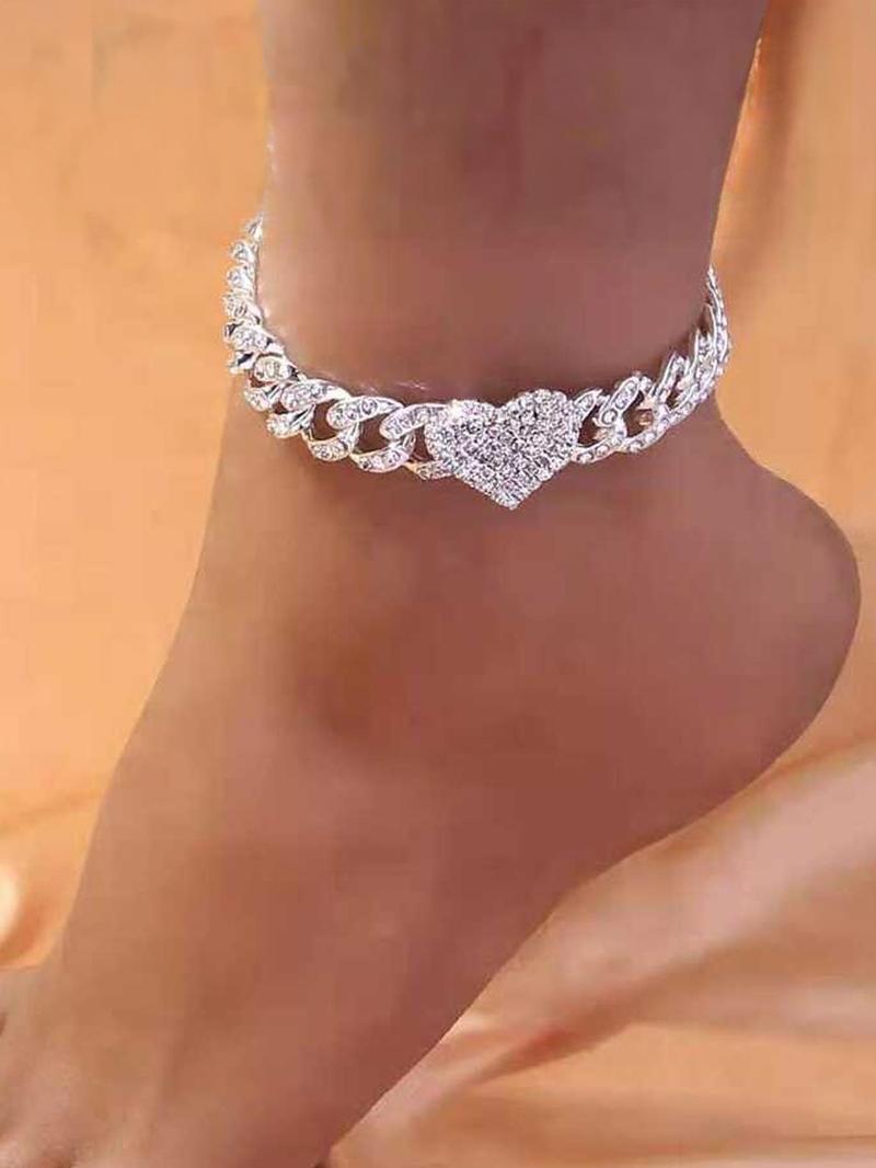 Product Introduction of Women's Elegant Rhinestone Decorated Heart Design Anklet, Exquisite Trendy Hip Hop Iced Out Jewelry Anklet, Fashionable Body Jewelry for Women & Girls, Valentine's Day, Gift 0