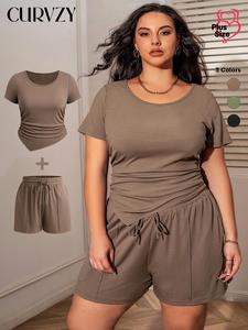 CURVZY Plus Size Solid Ruched Asymmetrical Hem Tee & Pocket Shorts Set, Casual Short Sleeve T-Shirt & Shorts, Women's Two-Piece Outfits for Summer, Womenswear
