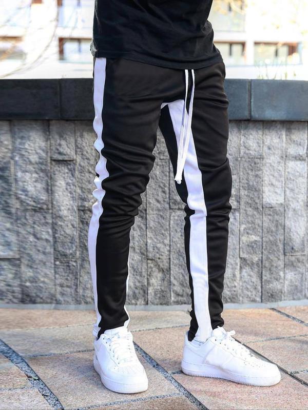 Men's Regular Fit Colorblock Patchwork Drawstring Waist Sweatpants, Casual Pocket Side Stripe Skinny Pants For Daily Wear, Knitting Bottoms For All Seasons 1